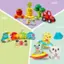 The image features a variety of toys, including a train, a truck, and a teddy bear. The toys are arranged in a triangular shape, with each toy representing a different category. The train is located in the top left corner, the truck is in the top right corner, and the teddy bear is in the bottom right corner. The toys are colorful and visually appealing, making them an attractive display for children to play with.
