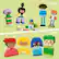 The image features a group of Lego figures, including a woman and a child, posed in various positions. The figures are arranged in a row, with some standing and others sitting. There are a total of nine Lego figures in the scene. The image is likely part of a Lego advertisement or promotional material, showcasing the different poses and interactions of the Lego figures.