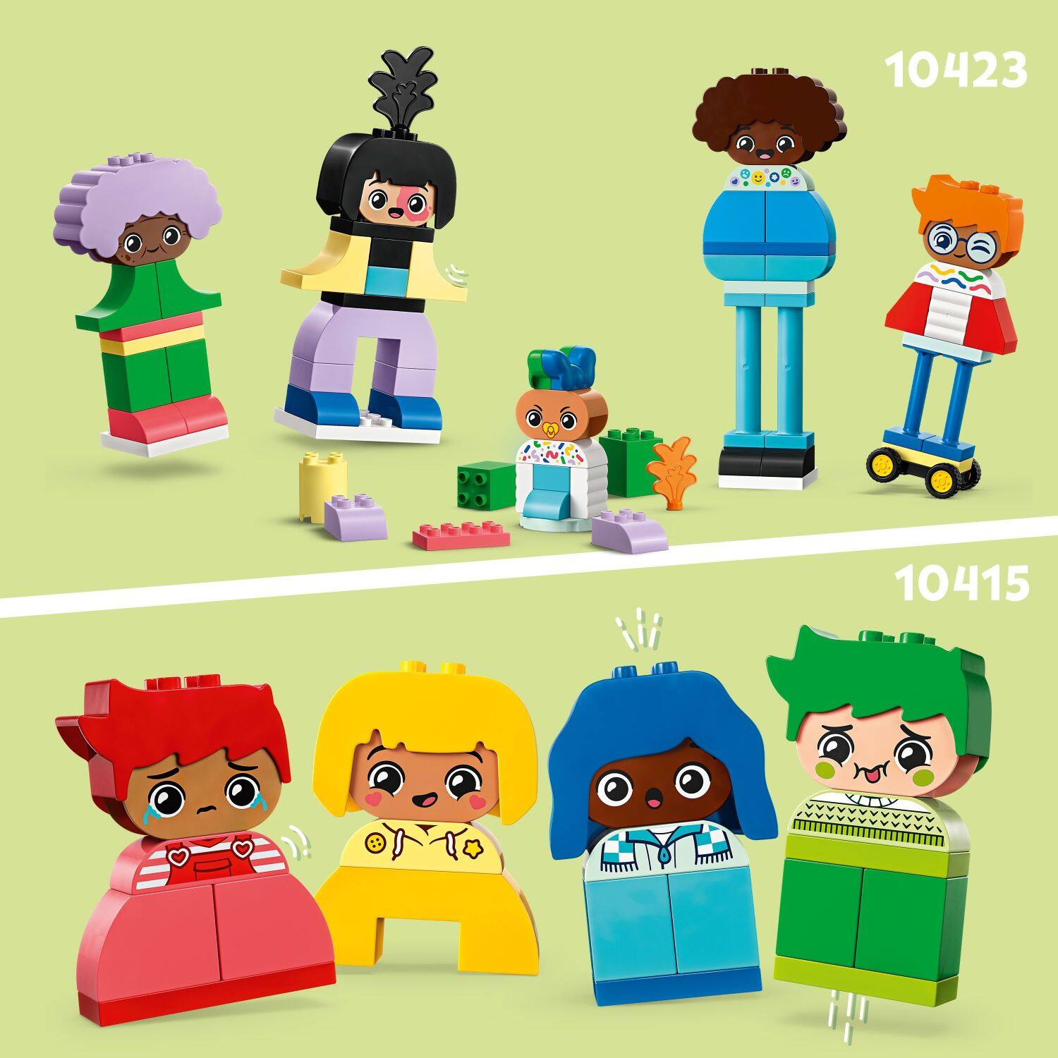The image features a group of Lego figures, including a woman and a child, posed in various positions. The figures are arranged in a row, with some standing and others sitting. There are a total of nine Lego figures in the scene. The image is likely part of a Lego advertisement or promotional material, showcasing the different poses and interactions of the Lego figures.