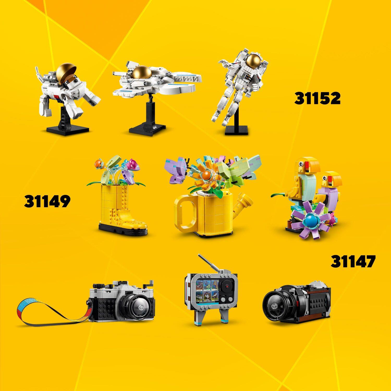 The image features a variety of objects, including a camera, a mug, a vase, and a robot. The objects are displayed in a yellow and black background. The largest text in the image is "31152," which is likely a reference number or product code. The other numbers, "31149" and "31147," are also present in the image, but they are not as prominent as "31152." The objects are categorized as Blocks and Building Sets, which suggests that they are toys or models designed for building and construction activities.