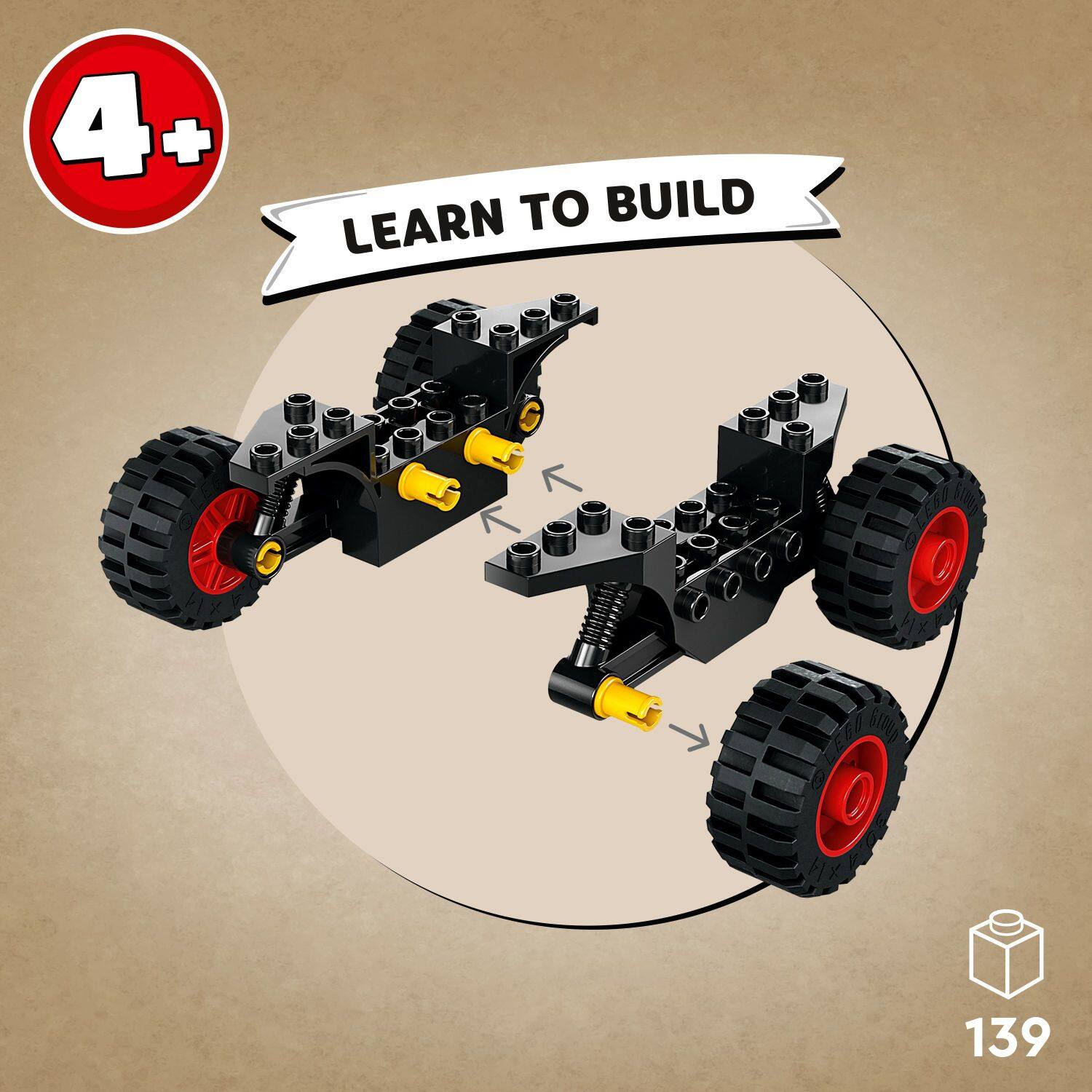 The image features a pair of black and yellow Lego vehicles, which are part of a building set. The set includes instructions to help users build the vehicles, making it an ideal choice for those who want to learn how to build with Lego blocks. The set is designed for users of all ages, and it is recommended for those who are 4 years old and above.