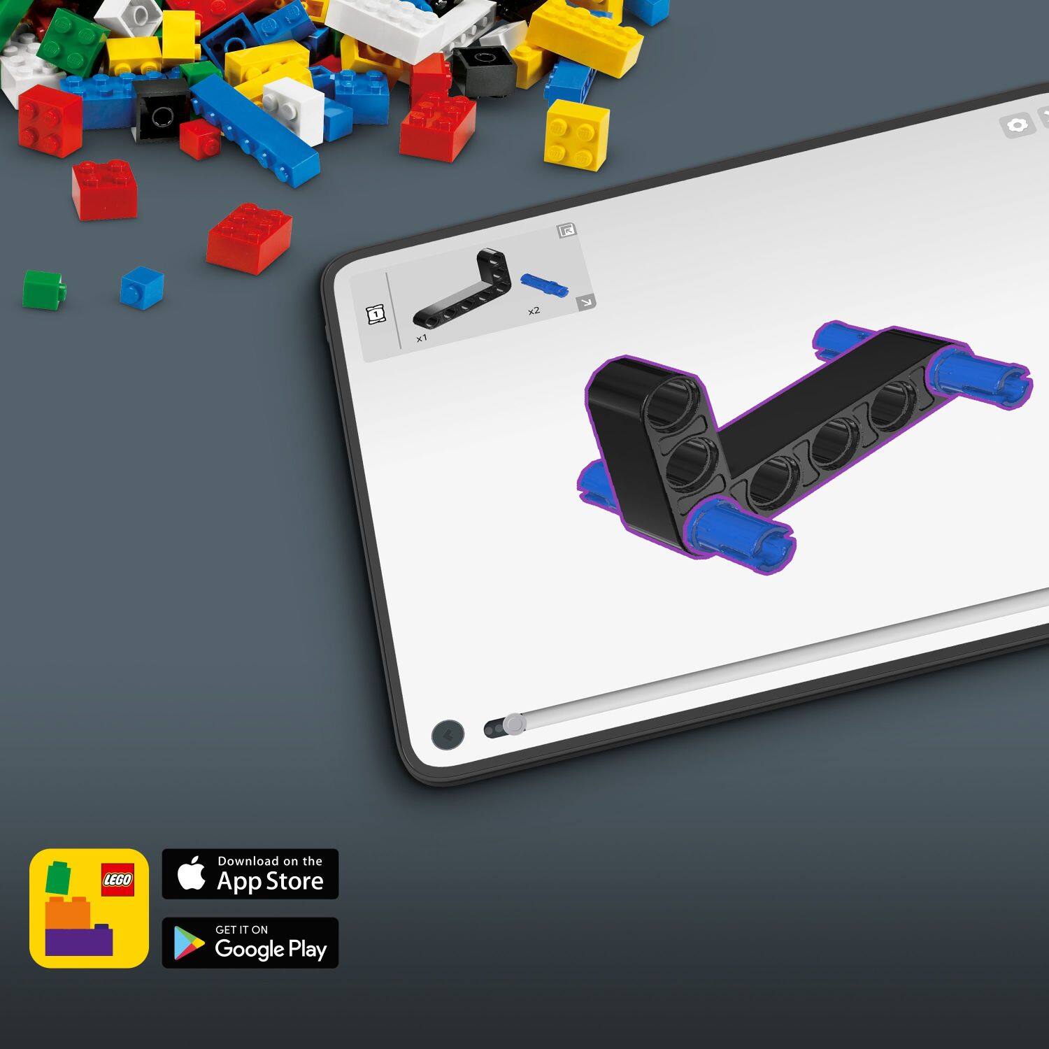 The image features a computer screen displaying a 3D model of a Lego creation. The Lego creation is a combination of various Lego pieces, including a car and a boat. The computer screen is placed on a table, surrounded by a pile of Lego blocks. The image is promoting the Lego app, which allows users to create and design their own Lego creations using the app.