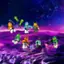 The image features a group of Lego figures posed on a purple background, likely representing a space scene. There are a total of seven Lego figures in the scene, with some of them holding weapons. The figures are arranged in various positions, creating a dynamic and engaging composition. The purple background adds a vibrant and lively touch to the scene, making it an exciting and visually appealing image.