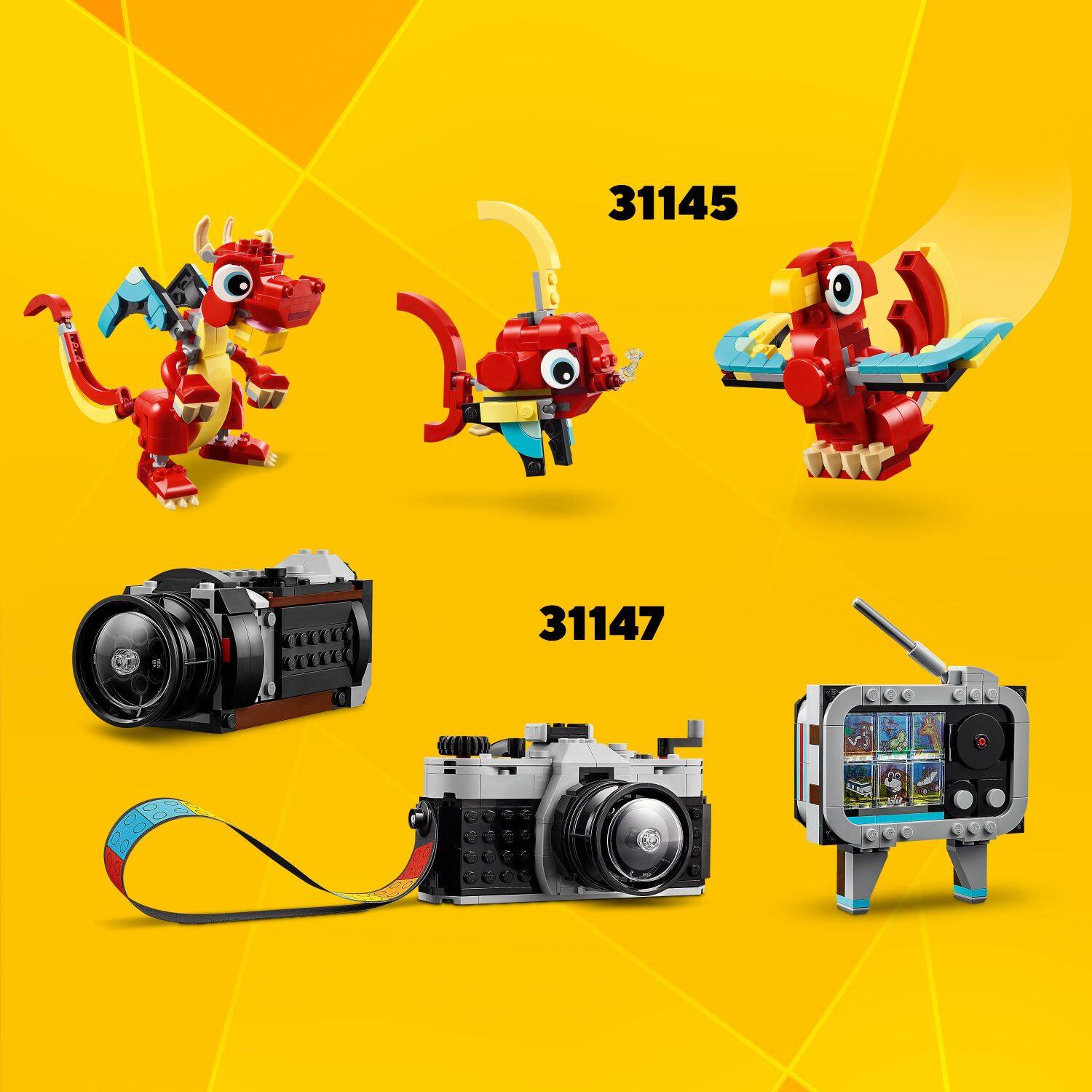 The image features a variety of toys, including a camera, a dragon, and a television. The toys are displayed in a visually appealing manner, with some of them placed on a yellow background. The toys are categorized as Blocks and Building Sets, and the numbers 31145 and 31147 are displayed next to the toys. The toys are designed to be both fun and educational, providing children with opportunities to explore their creativity and imagination.