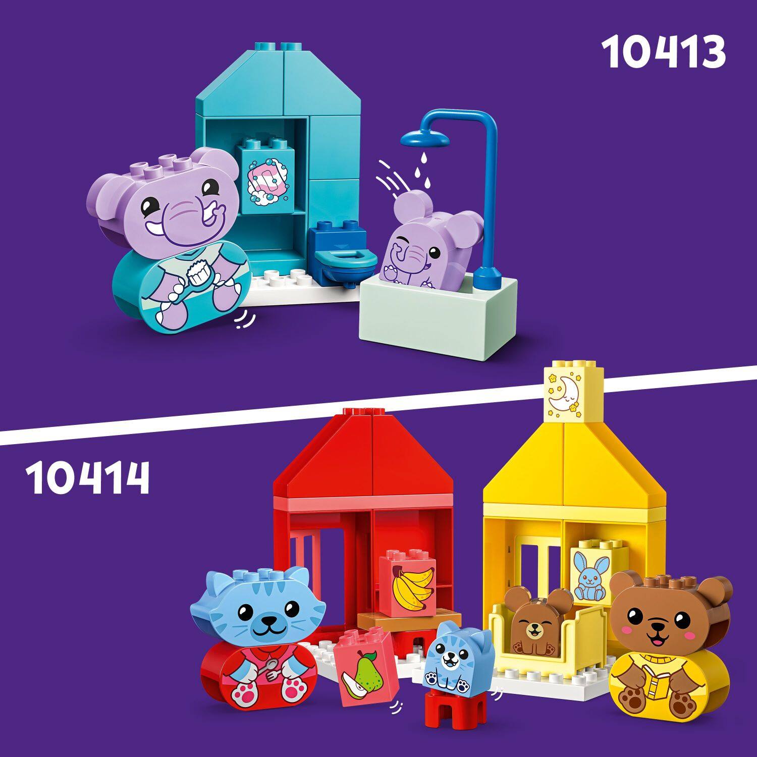 The image features a variety of Lego toys, including a house, a toy car, and a teddy bear. There are also several teddy bears in the scene, with one sitting in a bathtub and others standing around. The toys are arranged in a way that showcases their different features and functions. The image is likely part of a promotional material or a display of Lego products.