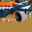 The image features a Lego space shuttle with a large engine on the bottom. The shuttle is made up of various Lego pieces, including a cockpit, wings, and a tail section. The space shuttle is on display, possibly in a museum or a store, showcasing its intricate design and construction. The Lego space shuttle is an impressive example of the creativity and engineering that goes into building these toys.