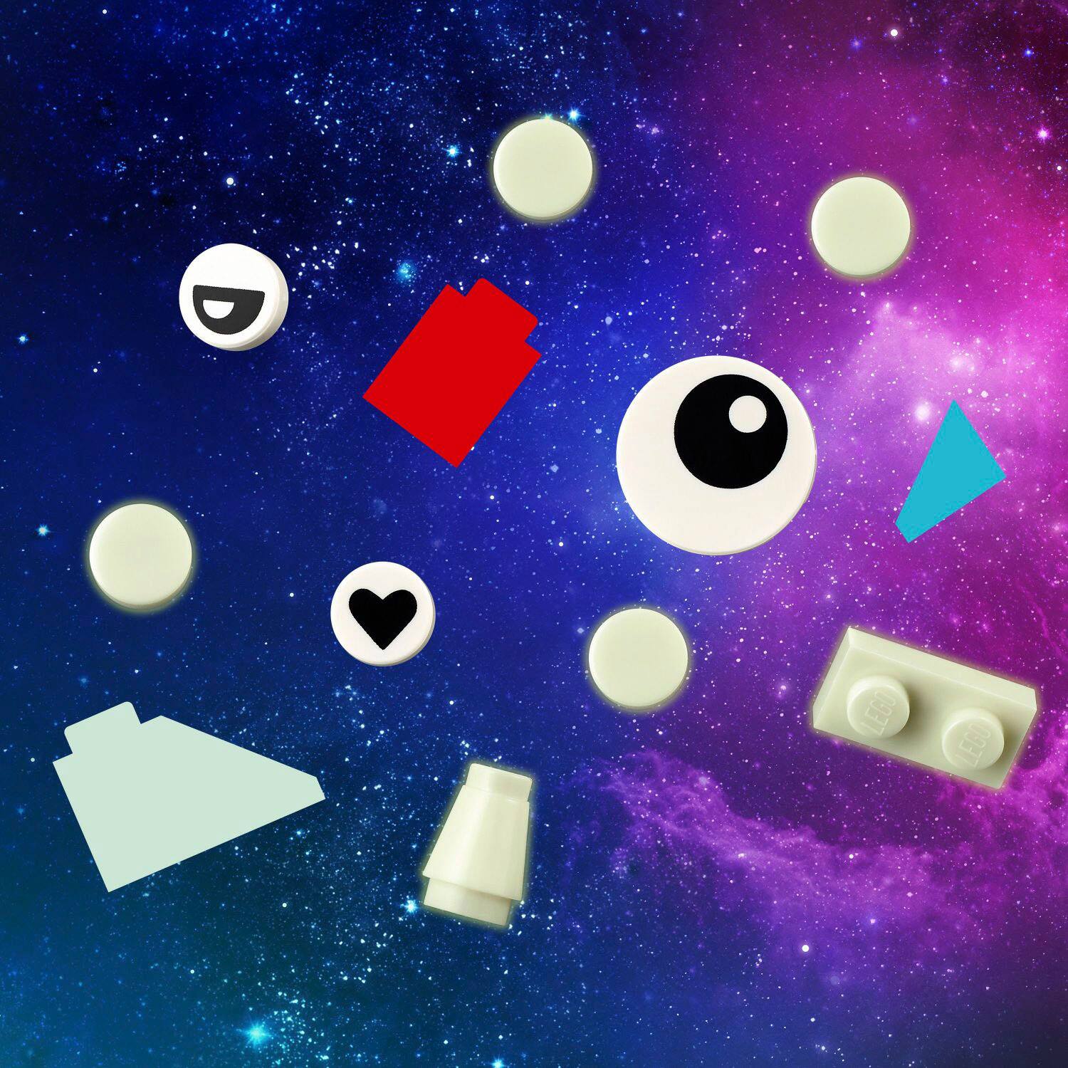 The image features a variety of Lego pieces, including a spaceship, a heart, and a small white object. The pieces are scattered throughout the scene, with some placed in the foreground and others in the background. The overall composition of the image is visually appealing, showcasing the different shapes and colors of the Lego pieces.