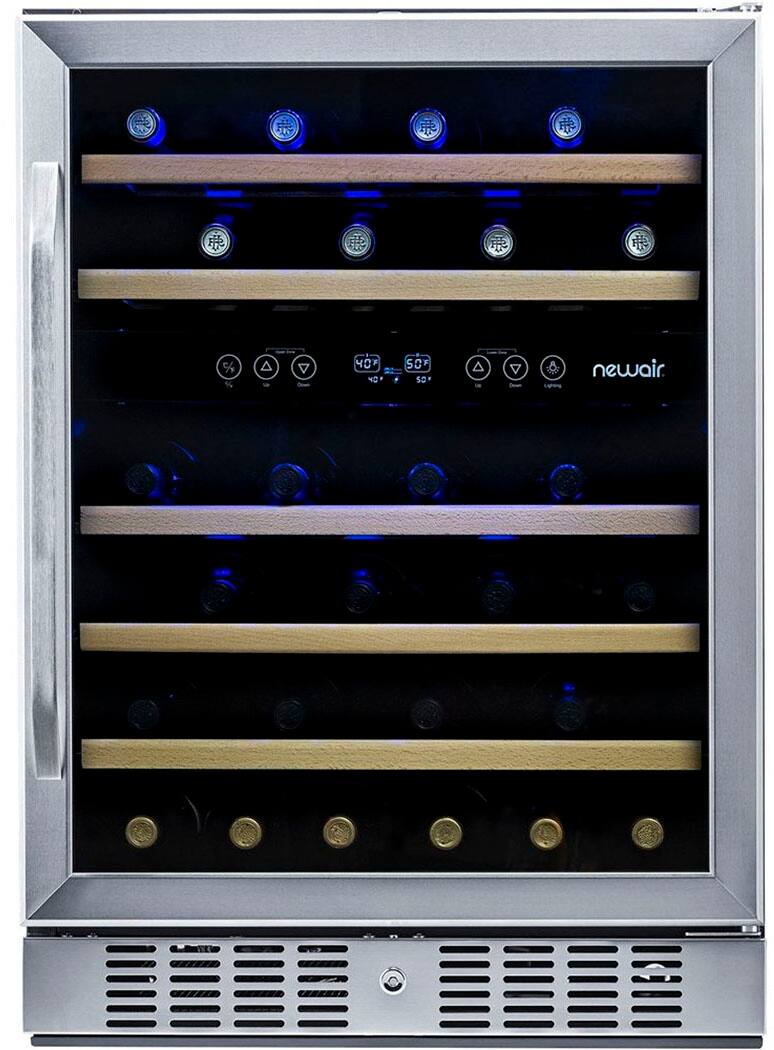 Angle. NewAir - Factory Refurbished 46-Bottle Dual Zone Built-in Wine Fridge - Stainless Steel.