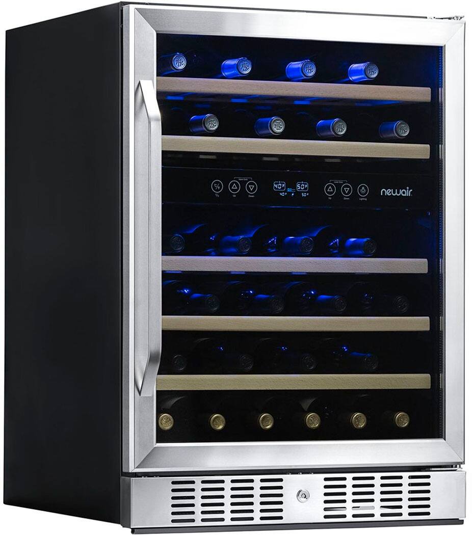 Front. NewAir - Factory Refurbished 46-Bottle Dual Zone Built-in Wine Fridge - Stainless Steel.