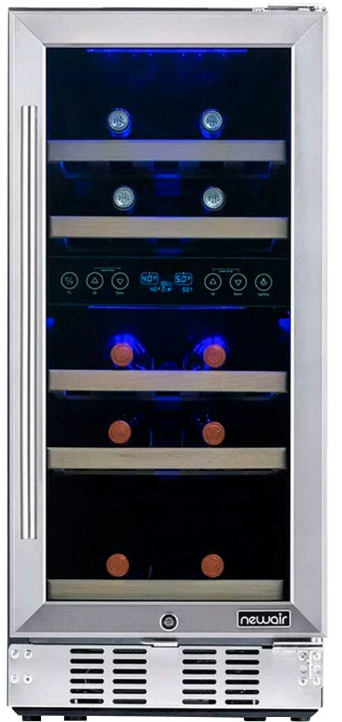 Left. NewAir - Factory Refurbished 15” Built-in 29 Bottle Dual Zone Compressor Wine Fridge - Stainless Steel.