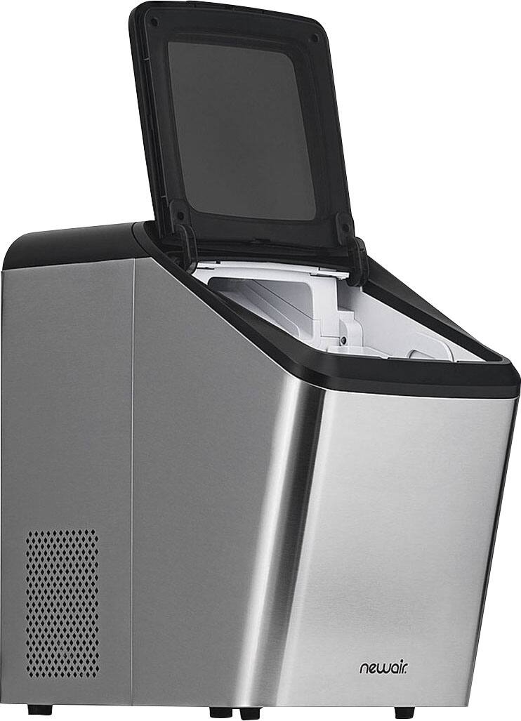 Left. NewAir - Factory Refurbished 45 lbs. Portable Countertop Clear Ice Maker with FrozenFall Technology - Stainless Steel.