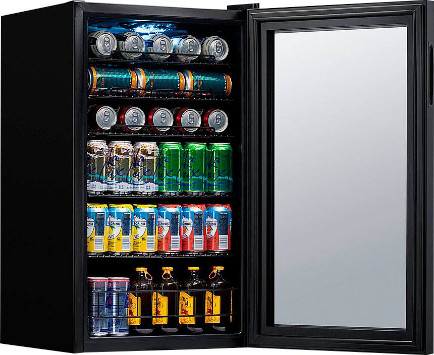 Angle. NewAir - Factory Refurbished 126-Can Beverage Cooler with Glass Door, Adjustable Shelves, 7 Temperature Settings and Lock - Onyx Black.