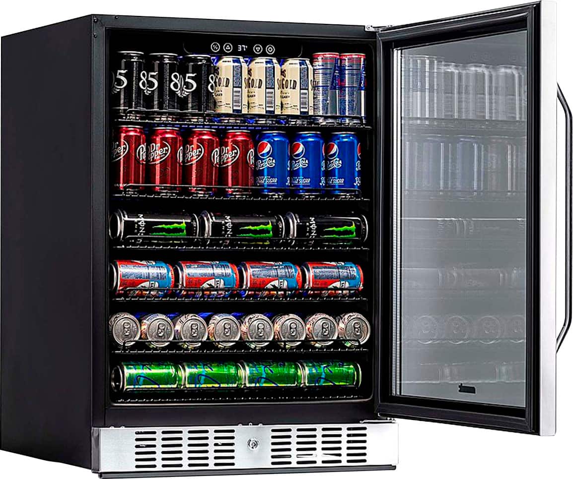 Left. NewAir - 177-Can Factory Refurbished Built-In Beverage Cooler with Precision Temperature Controls and Adjustable Shelves - Stainless Steel.
