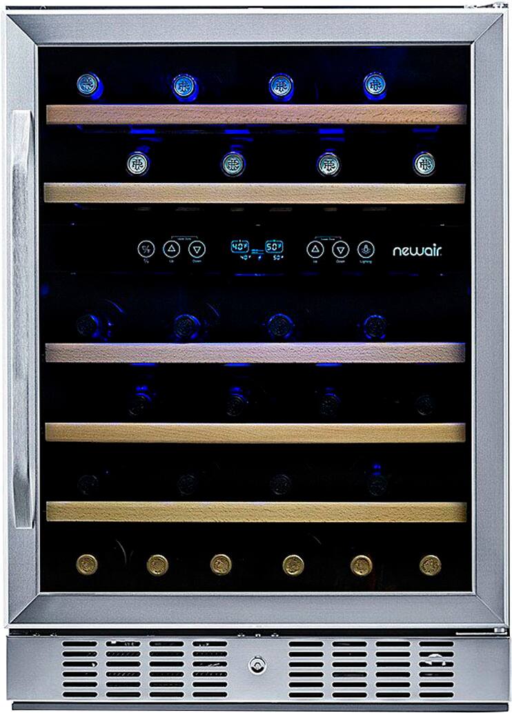 Angle. NewAir - Factory Refurbished 24” Built-in 46 Bottle Dual Zone Compressor Wine Cooler with Beech Wood Shelves - Stainless Steel.