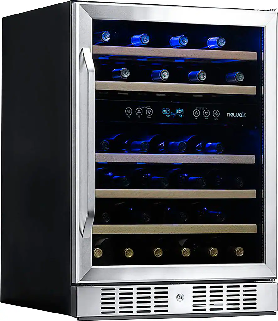 Front. NewAir - Factory Refurbished 24” Built-in 46 Bottle Dual Zone Compressor Wine Cooler with Beech Wood Shelves - Stainless Steel.
