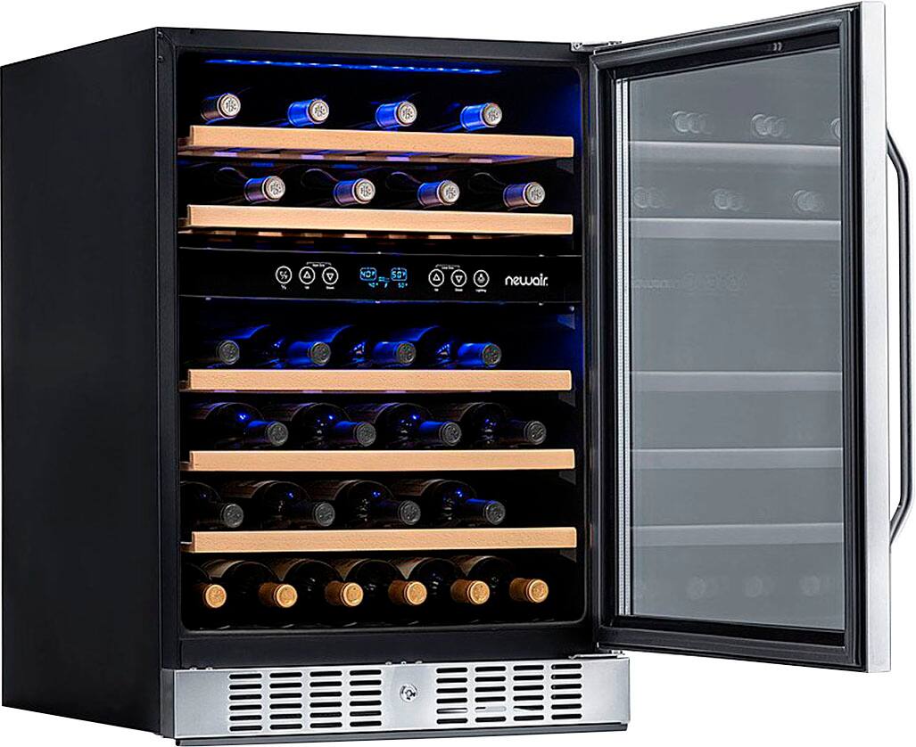 Left. NewAir - Factory Refurbished 24” Built-in 46 Bottle Dual Zone Compressor Wine Cooler with Beech Wood Shelves - Stainless Steel.