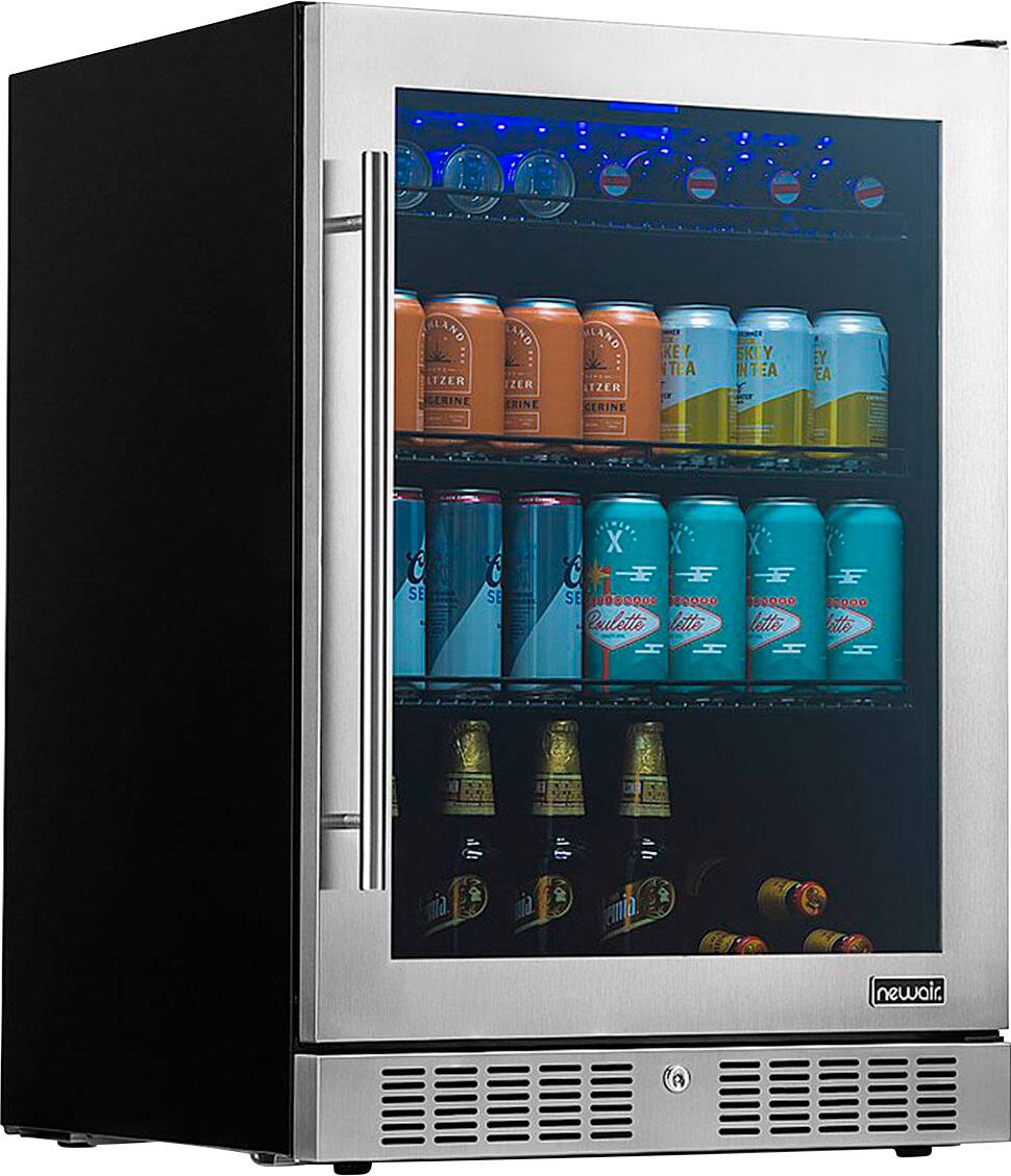 Angle. NewAir - Factory Refurbished 224-Can Built-In Beverage Cooler with Color Changing LED Lights and Seamless Door - Stainless Steel.