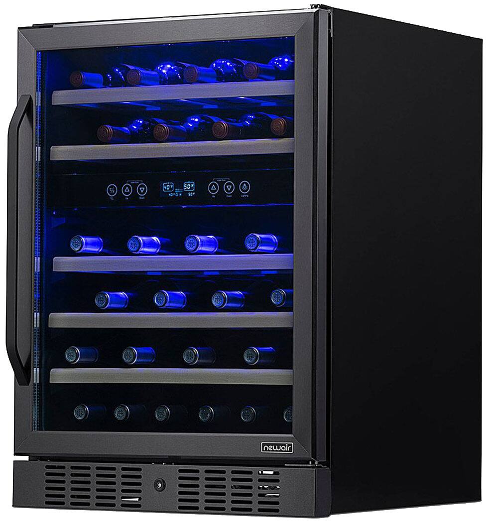 Left. NewAir - Factory Refurbished 24” Built-in 46 Bottle Dual Zone Compressor Wine Fridge - Black.