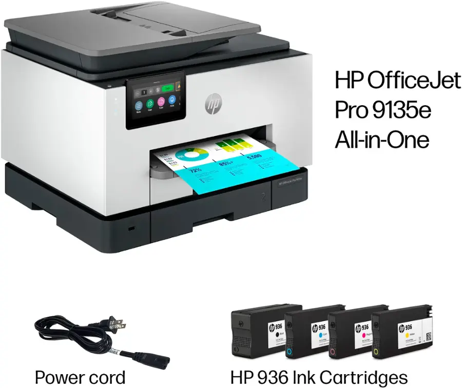 The text on the image is grouped and corrected as follows:

* HP OfficeJet Pro 9135e All-in-One
* 2 936 Ink Cartridges
* Power cord
* HP 936 Ink Cartridges