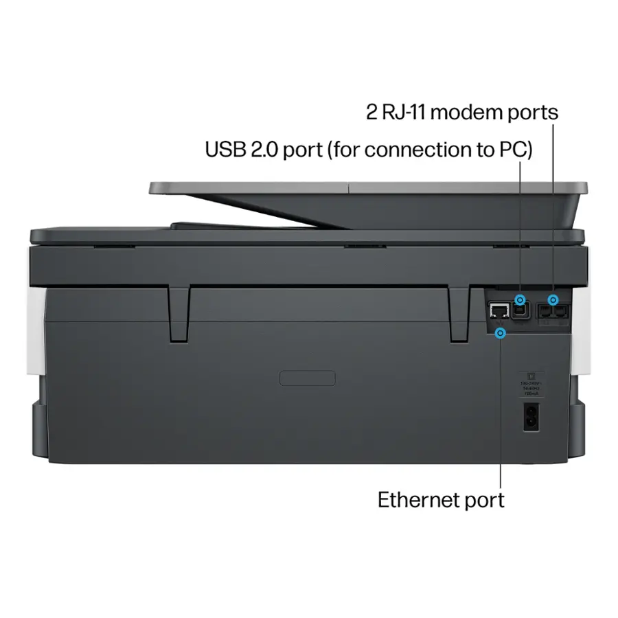 The image shows a printer with a USB 2.0 port for connection to a PC and two RJ-11 modem ports. Additionally, there is an Ethernet port on the printer.