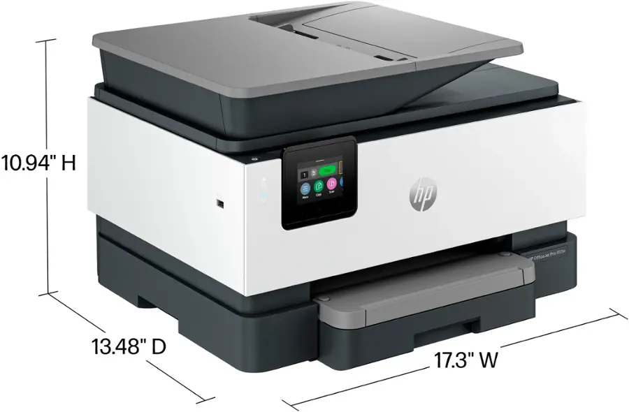 The text on the image reads: "10.94" H 1 - Copy  F - - hp Pro 915  OfficeJet 13.48" D 17.3" W." This information is grouped and corrected as follows:

* The printer is an HP Pro 915 OfficeJet.
* The printer has a copy function.
* The printer measures 10.94 inches in height.
* The printer measures 13.48 inches in depth.
* The printer measures 17.3 inches in width.