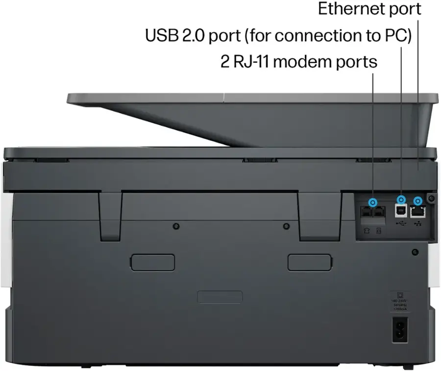Ethernet port, USB 2.0 port (for connection to PC), 2 RJ-11 modem ports, 100-240V AC/DC, 1200mA CO.