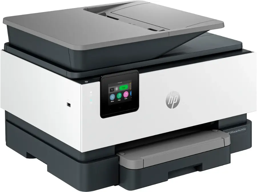 The text on the image reads "1 Menu Copy P D Sicam COY lp Pro 912de UP OfficeJet." This text is likely a description or instruction for the HP OfficeJet printer. The printer is a large, white, and gray machine with a flatbed scanner on top. It is designed for office use and can perform various tasks, such as printing, copying, and scanning. The "1 Menu" suggests that there may be additional options or settings available for the user to access, while "Copy P D Sicam COY lp Pro 912de UP OfficeJet" could be a reference to the printer model or a specific feature of the printer.