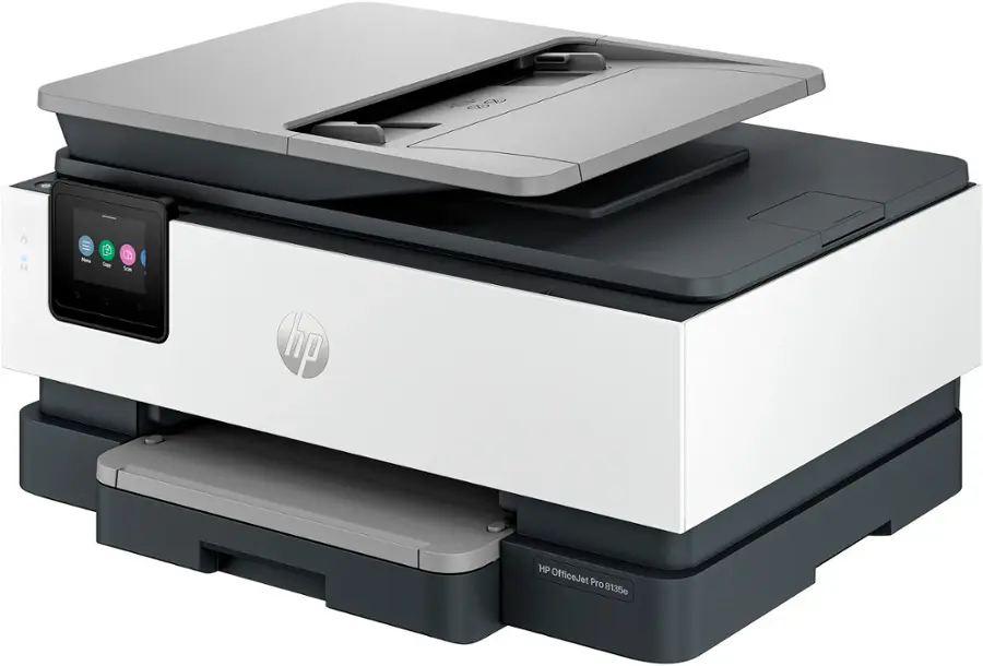 The image features a white HP OfficeJet Pro 8135g printer with a gray top. The printer is sitting on top of a stack of other printers, creating a unique and interesting display.