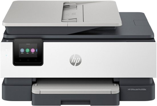 The image features a white HP printer with a green and red paper in it. The printer is placed on top of a white table. The paper in the printer is likely a printout or a document. The printer is a part of a larger HP office setup, which may include other office equipment and accessories.