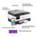 The image features a printer with a 2.7" color touchscreen and a 35-sheet auto document feeder. It is capable of printing from any device and can print up to 20/10 ppm (black/color). The printer has a 225-sheet input tray and is available with a 3-months 225-sheet input tray offer. The printer is manufactured by HP.