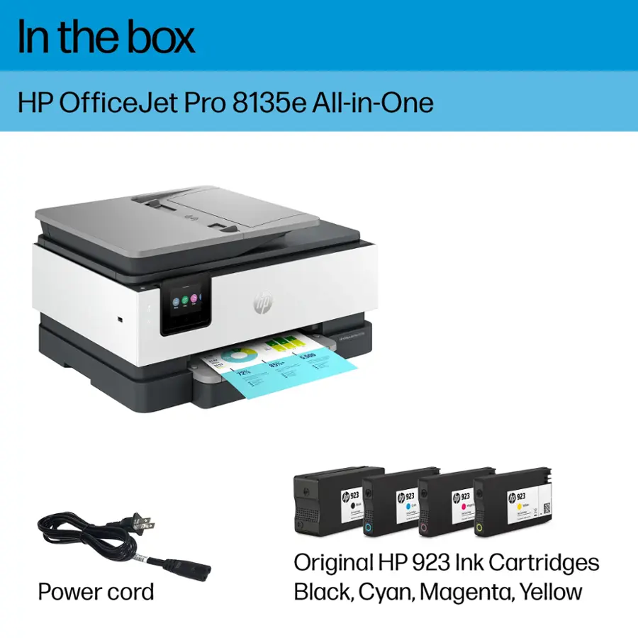In the box, there is an HP OfficeJet Pro 8135e All-in-One printer. The printer comes with an original HP power cord and a set of four ink cartridges, including black, cyan, magenta, and yellow.