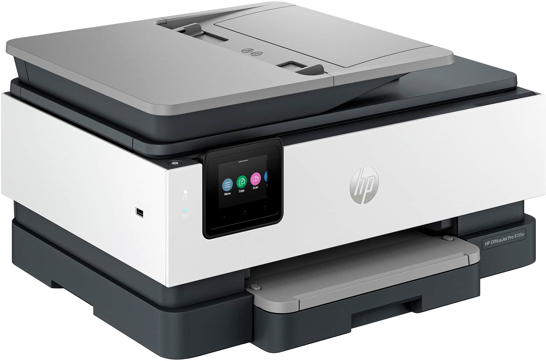 Left View: HP - OfficeJet Pro 8135e Wireless All-In-One Inkjet Printer with 3 months of Instant Ink Included with HP+ - White