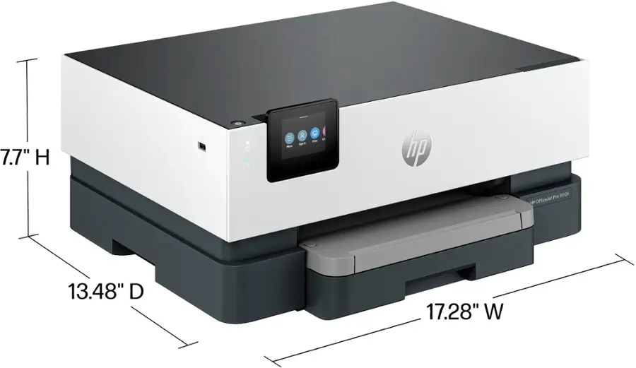 The text on the image reads: "7.7" H - O Sun er -n hp Pro doze HP OfficeJet 13.48" D 17.28" W". This text describes the dimensions of the HP OfficeJet printer, which is 7.7 inches high, 13.48 inches deep, and 17.28 inches wide.