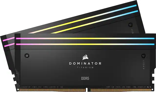 Front. CORSAIR - DOMINATOR TITANIUM RGB 32GB (2x16GB) DDR5 7000MHz C34 UDIMM Desktop Memory - Black.