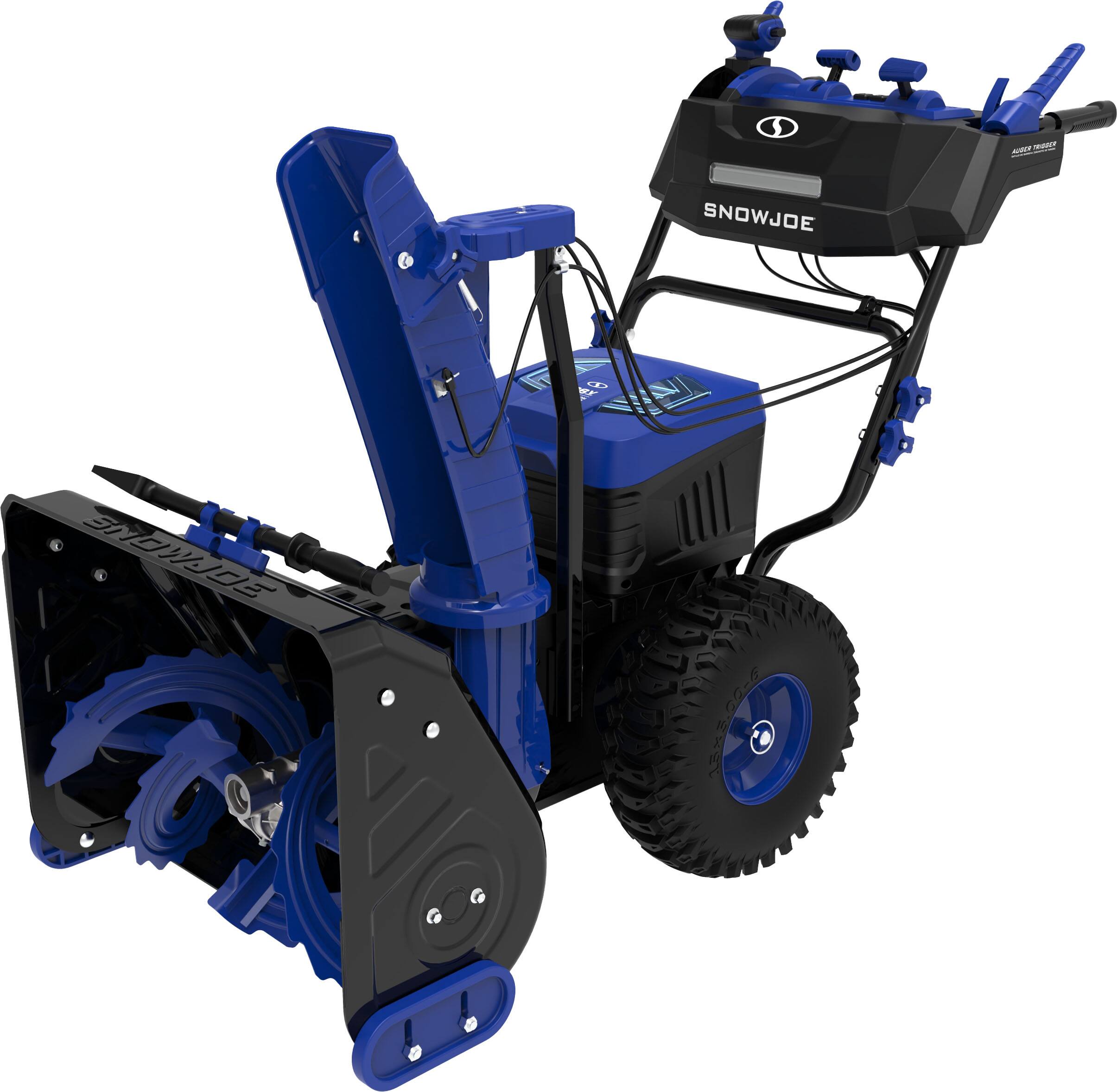 Angle. Snow Joe - Snow Joe 96V 24in Dual Stage Cordless Brushless Electric Snow Blower (4 12Ah Batteries and 2 Chargers) - Black and Blue.