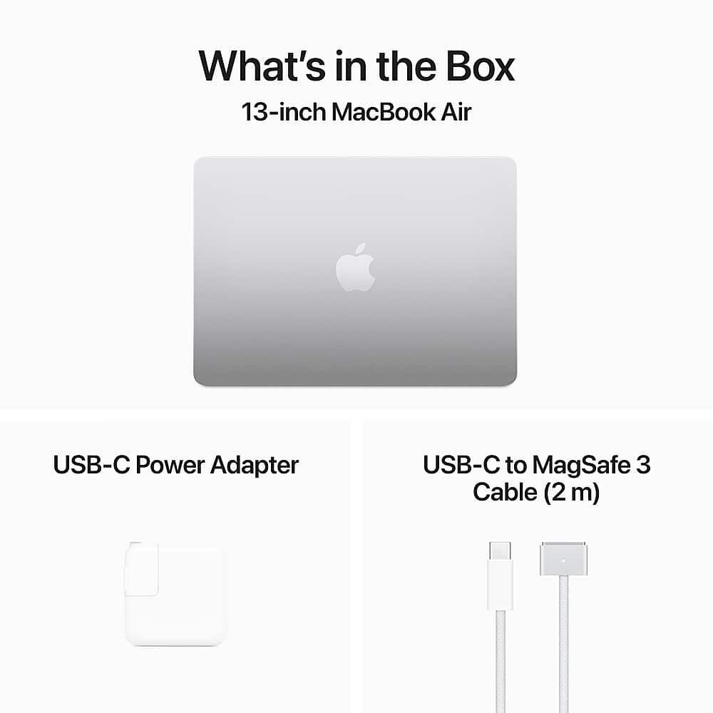 The image features a 13-inch MacBook Air, which is a laptop computer. The box includes a USB-C Power Adapter and a USB-C to MagSafe 3 Cable, both of which are essential accessories for the laptop. The USB-C Power Adapter is used to charge the laptop, while the USB-C to MagSafe 3 Cable is used to connect the laptop to other devices or accessories.