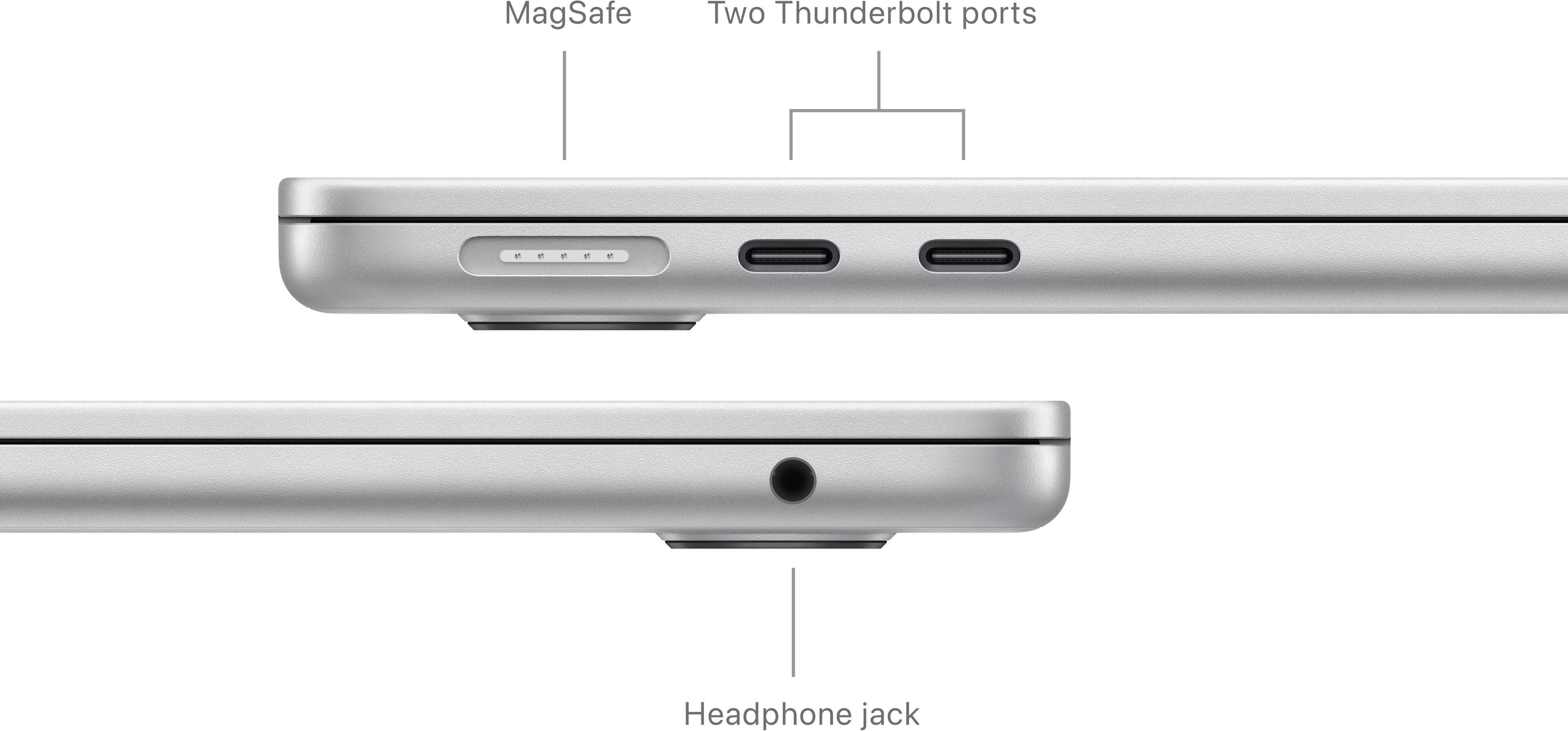 The image shows a laptop computer with a MagSafe Two Thunderbolt ports and a headphone jack. The laptop is open, and the headphone jack is located on the side of the device. The MagSafe Two Thunderbolt ports are also visible, indicating that the laptop supports fast data transfer and charging capabilities.