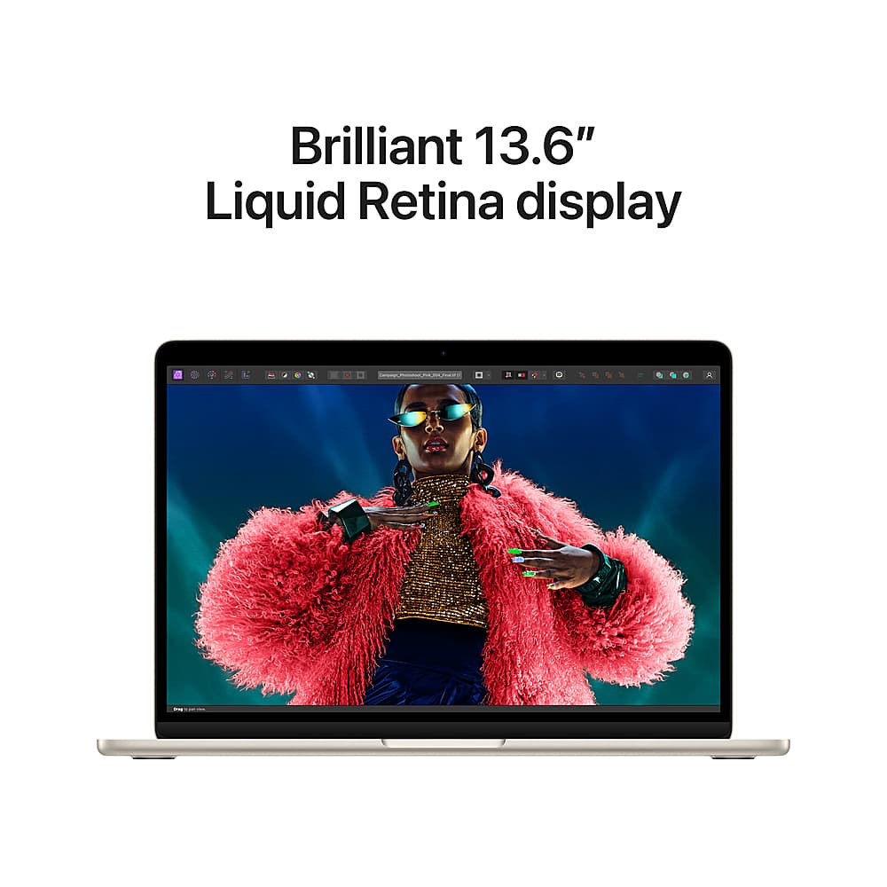 The image features a laptop computer with a large screen, showcasing a woman wearing a pink coat and sunglasses. The laptop is described as having a "Brilliant 13.6" Liquid Retina display," which suggests that it offers high-quality visuals and a vibrant screen. The woman's appearance and the laptop's design create an eye-catching and stylish image.