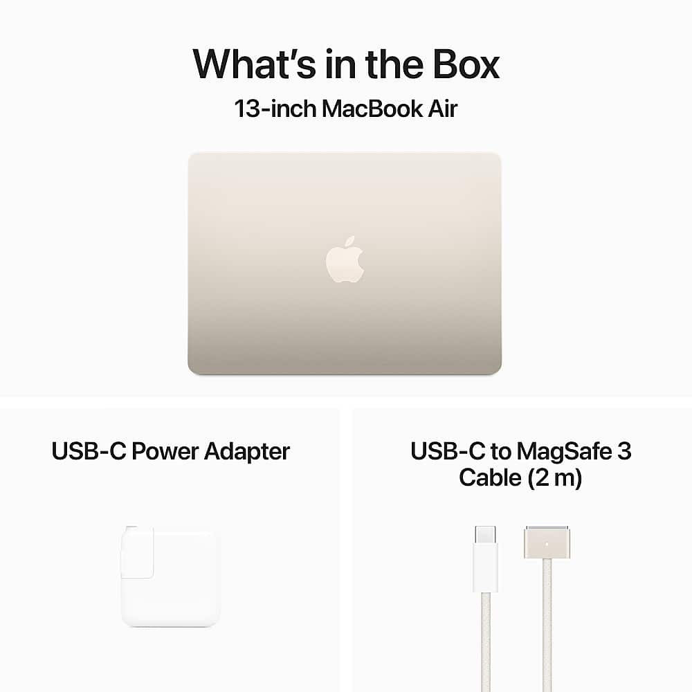 The image features a 13-inch MacBook Air, which is a laptop computer. The box contains a USB-C Power Adapter, a USB-C to MagSafe 3 Cable (2 m), and a USB-C Power Adapter. The laptop is displayed prominently in the image, showcasing its design and features.