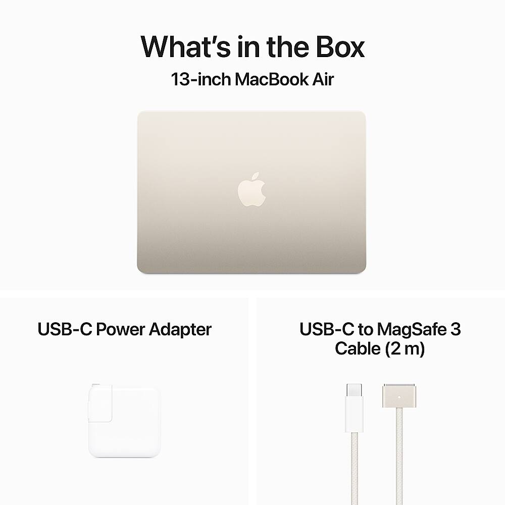 What's in the Box: 13-inch MacBook Air, USB-C Power Adapter, USB-C to MagSafe 3 Cable (2 m)