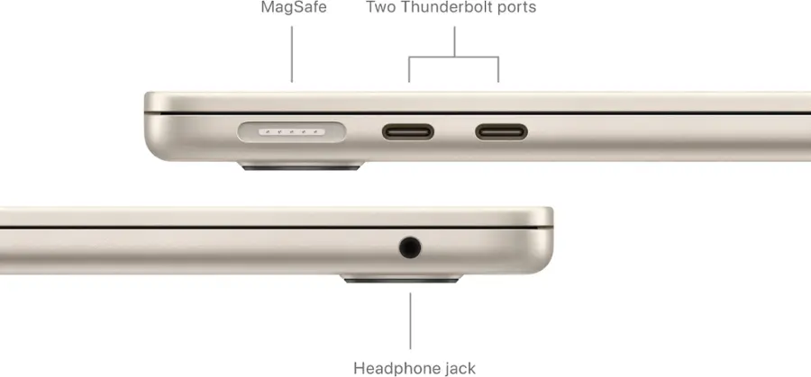 The image shows a laptop computer with a MagSafe Two Thunderbolt ports and a headphone jack. The laptop is opened up, revealing the internal components and connections. The headphone jack is located on the side of the laptop, while the Thunderbolt ports are situated on the back. The MagSafe feature is a magnetic connection system that allows the laptop to be easily connected and disconnected from its power source.