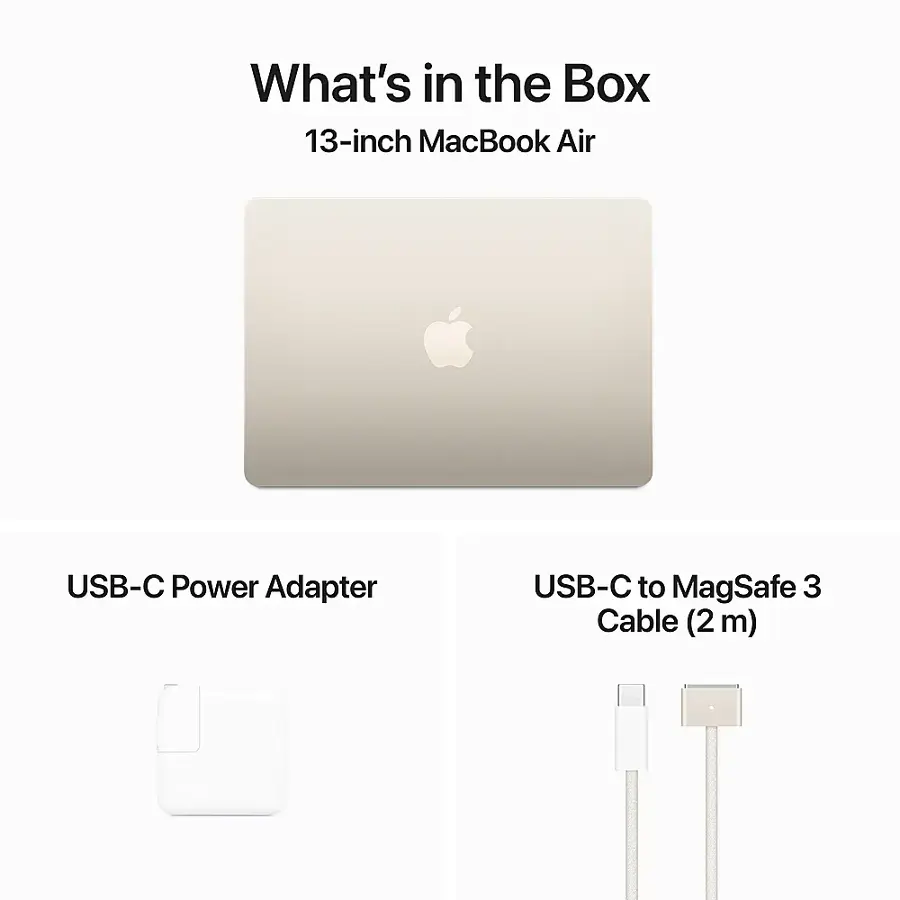What's in the Box: 13-inch MacBook Air, USB-C Power Adapter, USB-C to MagSafe 3 Cable (2 m)