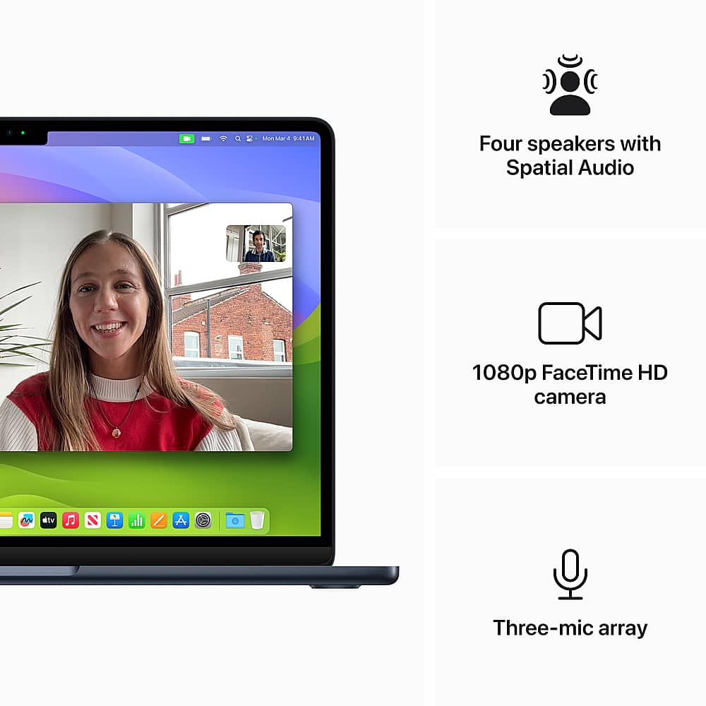 The image features a laptop with a woman's face displayed on the screen. The laptop is described as having four speakers with Spatial Audio, a 1080p FaceTime HD camera, and a three-mic array.