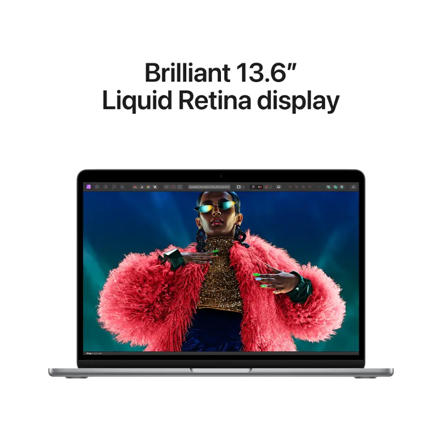 The image features a laptop computer with a 13.6-inch Liquid Retina display. The display is likely to be of high quality, providing a vivid and clear viewing experience. The laptop is likely to be a MacBook, as it is described as having a "brilliant" display.