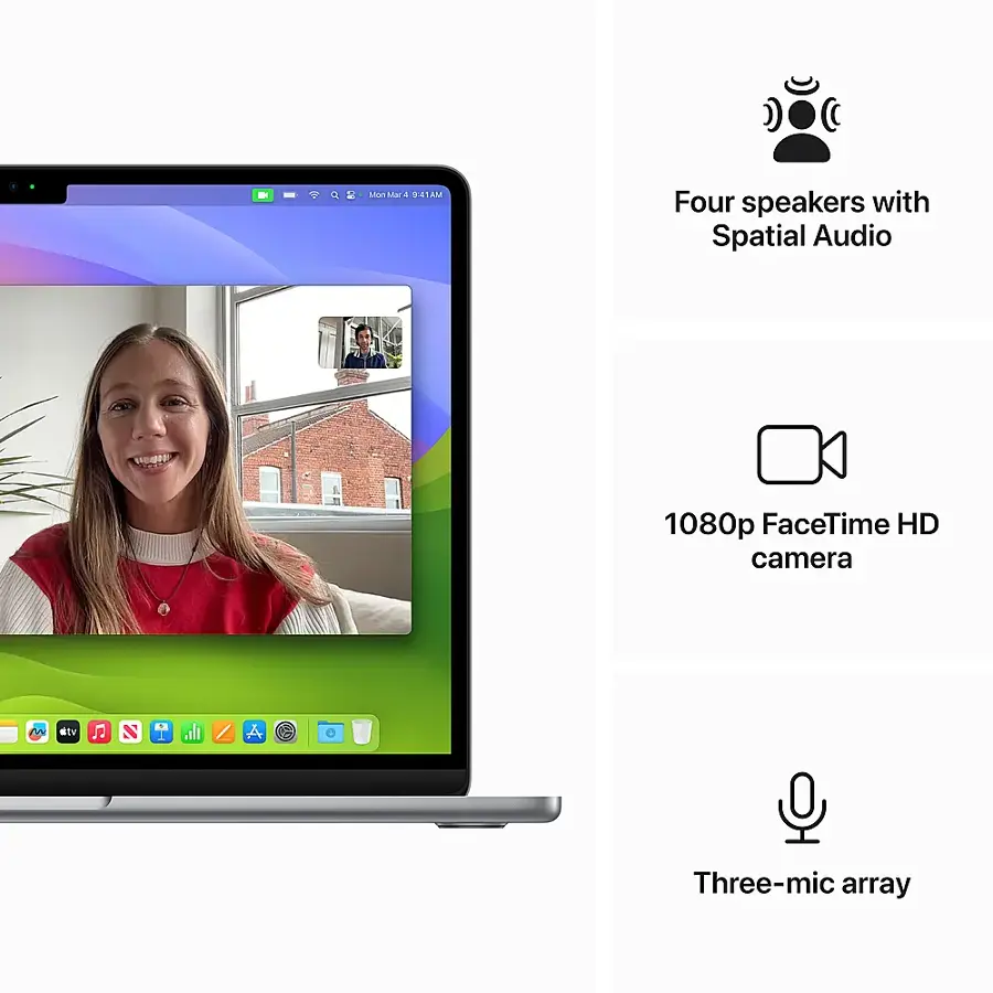 The image features a laptop computer with a woman's face displayed on the screen. The laptop has four speakers with Spatial Audio, a 1080p FaceTime HD camera, and a three-mic array.
