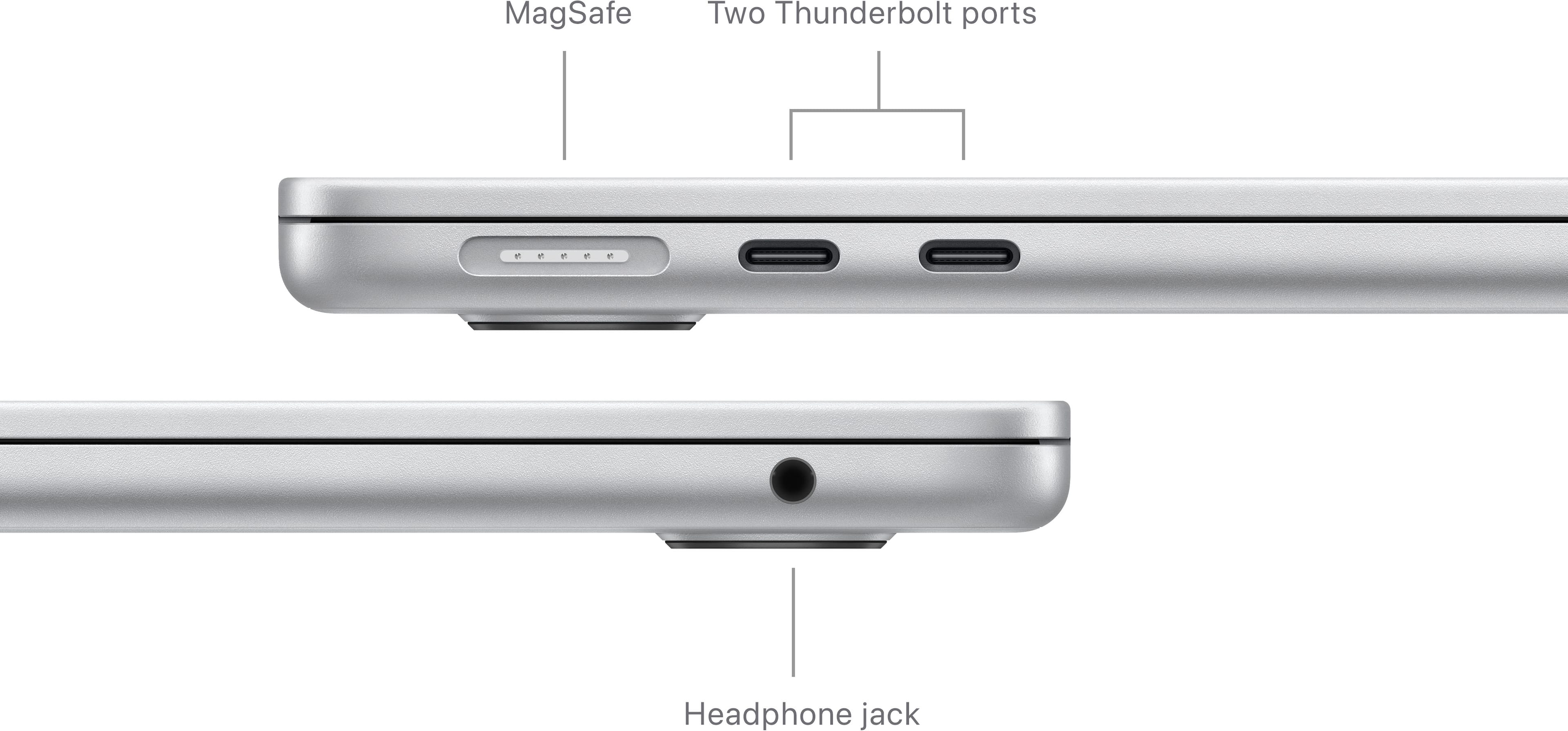 The image shows a laptop computer with a MagSafe Two Thunderbolt ports and a headphone jack. The laptop is open, and the headphone jack is located on the side of the device. The MagSafe Two Thunderbolt ports are also visible, indicating that the laptop supports fast data transfer and charging capabilities.