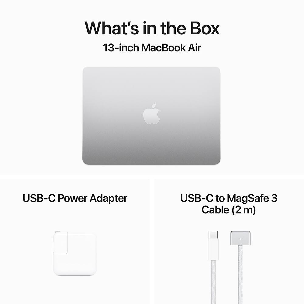 The image features a 13-inch MacBook Air, which is a laptop computer. The box includes a USB-C Power Adapter and a USB-C to MagSafe 3 Cable, both of which are essential accessories for the laptop. The USB-C Power Adapter is used to charge the laptop, while the USB-C to MagSafe 3 Cable is used to connect the laptop to other devices or accessories.