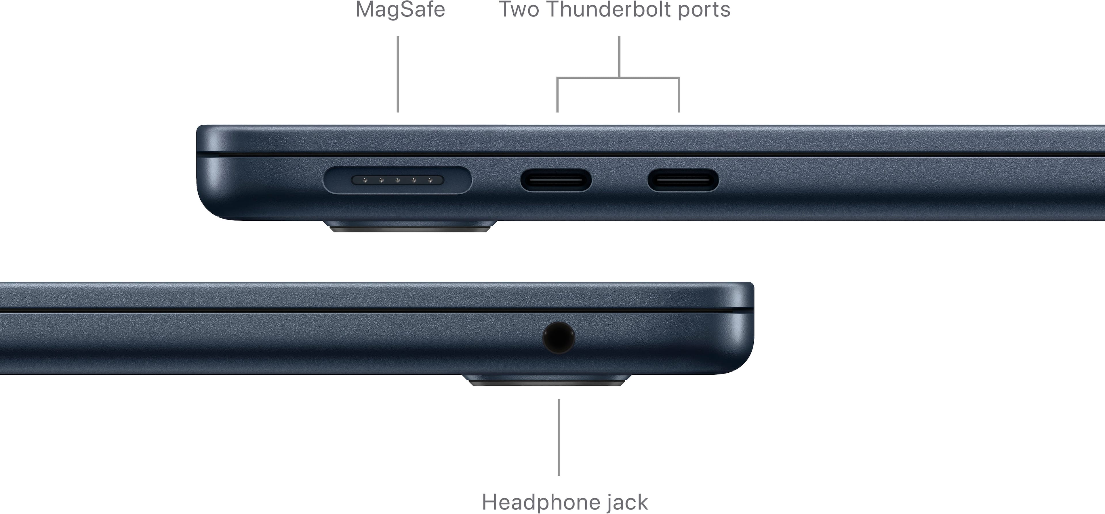 The image features a laptop computer with a MagSafe connector and two Thunderbolt ports. The laptop also has a headphone jack, which is a standard feature for most modern laptops. The image provides a clear view of the laptop's back side, showcasing these essential components.