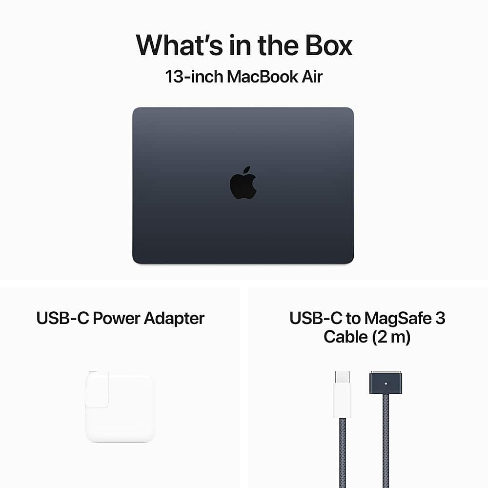What's in the Box: 13-inch MacBook Air, USB-C Power Adapter, USB-C to MagSafe 3 Cable (2 m)