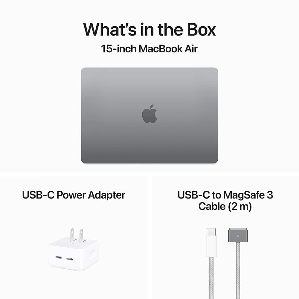 What's in the Box: 15-inch MacBook Air, USB-C Power Adapter, USB-C to MagSafe 3 Cable (2m)